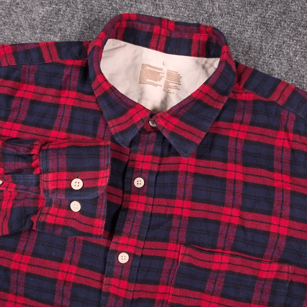 MUJI Flannel Button Down Shirt Mens Large Red Plaid Buffalo Check Lumberjack